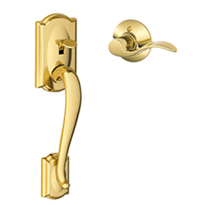 FE285 Camelot Lower Half Front Entry Set w/Accent LH Lever 505 Bright Brass - Box Pack