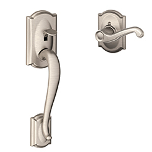 FE285 Camelot Lower Half Front Entry Set Flair LH Lever w/Camelot trim 619 Satin Nickel - Box Pack