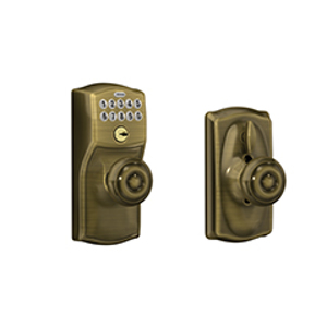 FE595 Camelot Keypad Entry w/Georgian Knob 609 Antique Brass - Box Pack